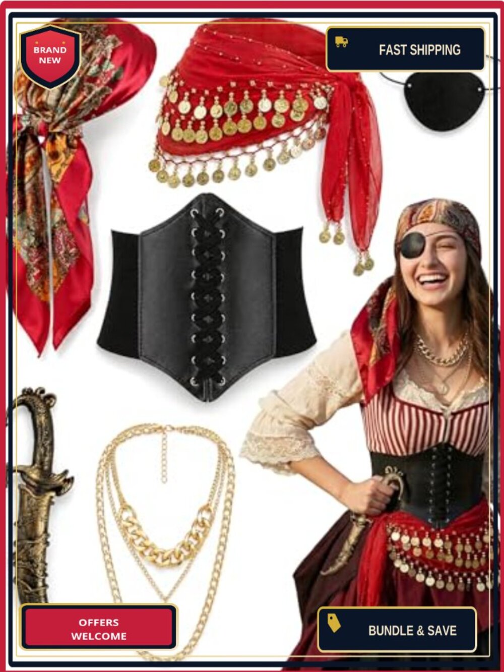 5-Piece Pirate Costume Accessory Set Corset Belt Coin Sash Necklace
